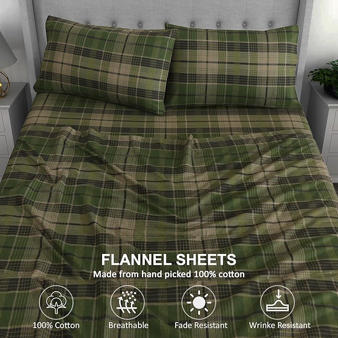 RUVANTI Flannel Sheets Twin Size - 100% Cotton Double Brushed Twin Sheets Set, Deep Pockets 16 Inches, All Seasons Breathable & Extra Soft Bed Sheets, Warm & Cozy, 3 Piece, DNA Plaid