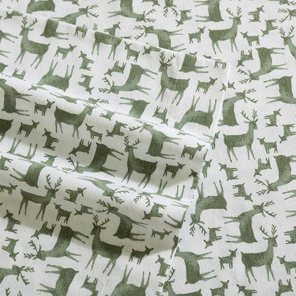 Eddie Bauer - Flannel Sheets King Size, Anti-Pilling & Wrinkle Resistant Cotton, Touchably Soft for All-Season Comfort - Bed Sheets with Matching Pillowcases & Fitted Sheet (Deer Camp Green)