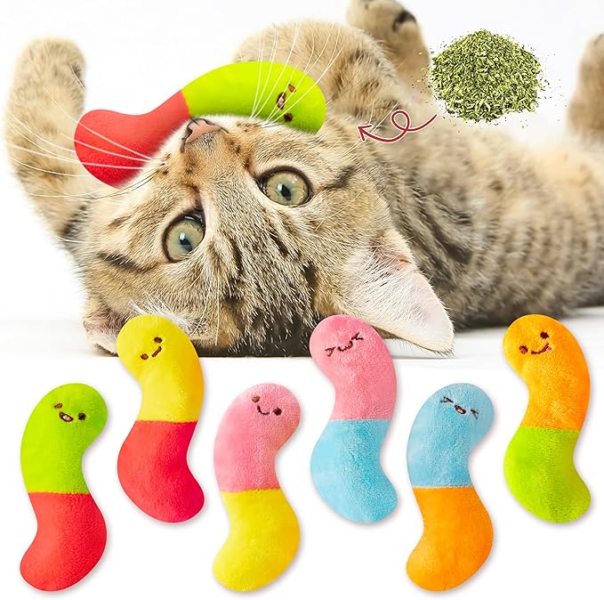 L1rabe Worm Candy Catnip Stuffed Toys - 6P Colorful Worm Organic Cat Toys Funny Indoor Chew Bite Kick Tools, Interactive Pet Supplies Cat Lovers Kittens Birthday Presents Pet Christmas New Year Gifts-Mewly Pet