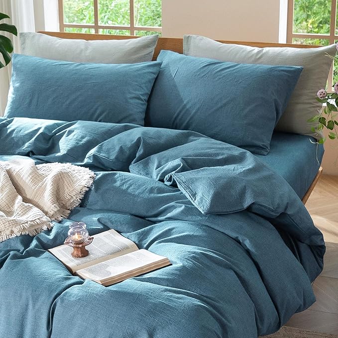 MooMee Bedding Duvet Cover Set 100% Washed Cotton Linen Like Textured Breathable Durable Soft Comfy (Heathered Peacock Blue, Palatial King/Oversized King 120"x98")