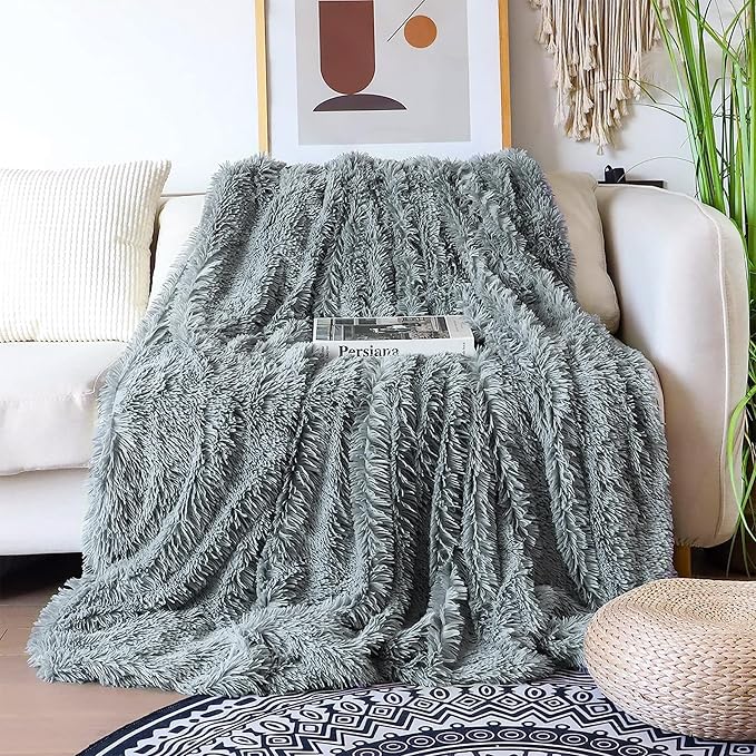 Tuddrom Decorative Extra Soft Faux Fur Blanket Queen Size 80"x90",Solid Reversible Fuzzy Fluffy Cozy Plush Fleece Comfy Microfiber Fur Blanket for Couch Sofa Bed,Gray Blue