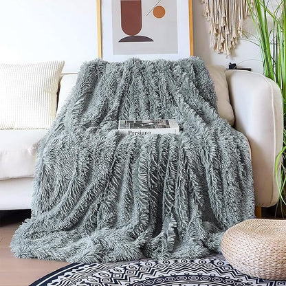 Tuddrom Decorative Extra Soft Faux Fur Blanket Queen Size 80"x90",Solid Reversible Fuzzy Fluffy Cozy Plush Fleece Comfy Microfiber Fur Blanket for Couch Sofa Bed,Gray Blue