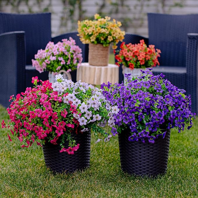 Artificial Flowers for Outdoors Fake Plants - 16 Bundles Faux Outside Greenery Boxwood No Fade Plastic Shrubs Fall Decor Farmhouse Home Garden Thanksgiving Mums (Red)