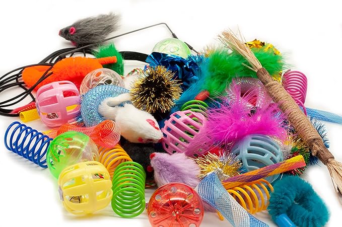 Fashion's Talk Cat Toys 50 Pcs for Indoor Cats,Interactive Door Hanging Mice Feather Toy Cat Spring Toy Cat Wand Catnip Crinkle Balls Silvervine Sticks Balls Kitten Toys Bulk-Mewly Pet