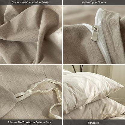 MooMee Bedding Duvet Cover Set 100% Washed Cotton Linen Like Textured Breathable Durable Soft Comfy (Solid Light Camel, Cal King 104"x98")