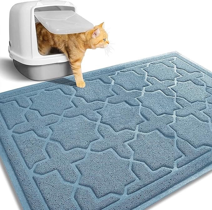 Yimobra Cat Litter Mat, 35.4"x23.6" Litter Box Mat with Litter Lock Mesh, Soft Cat Litter Mat Litter Trapping Mat, Easy to Clean, Non-Slip, Water Resistant, Litter Free Floors, Tea Blue-Mewly Pet