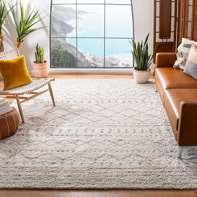 SAFAVIEH Arizona Shag Collection 5'1" Round Ivory/Beige ASG741A Moroccan Non-Shedding Living Room Bedroom Dining Room Entryway Plush 1.6-inch Thick Area Rug