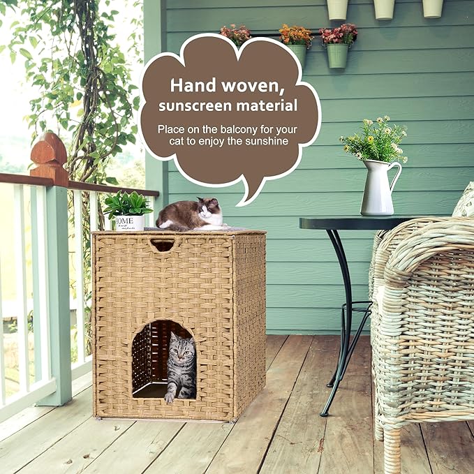 Cat Litter Box Enclosure with Litter Trapping Mat; Handwoven Plastic Rattan Cat House; No Installation Hidden Cat Washroom; Pet Crate for Balcony,Bedroom,Living Room-Mewly Pet