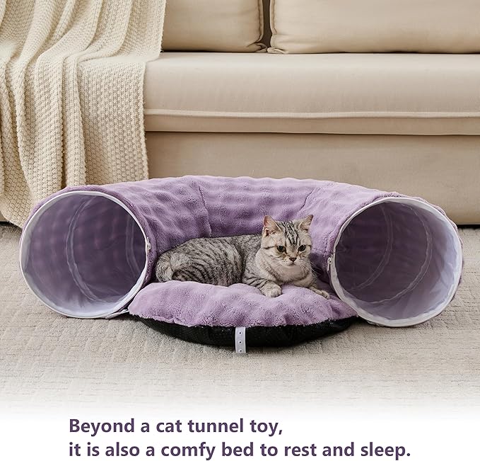 Bubble Cat Tunnel for Indoor Cats, Round Peekaboo Cave Toy with Dangling Balls, Donut Tunnel Bed with Circle Mat for Puppy Kitten Rabbit, Dusty Purple-Mewly Pet