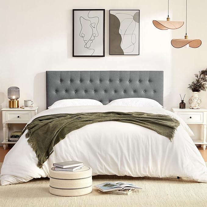 Tufted Upholstered Headboard California King Size, Solid Wood Head Board with Durable Metal Legs, Adjustable Height Bed headboard from 37” to 51” Fabric Headboard in Button Design, Grey