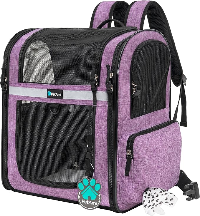 PetAmi Dog Backpack Carrier For Small Large Cat, Pet, Puppies, Ventilated Pet Hiking Backpack Travel Bag, Airline Approved Cat Backpack Carrier, Safety Back Support, Camping Biking, Max 18 lbs, Purple-Mewly Pet