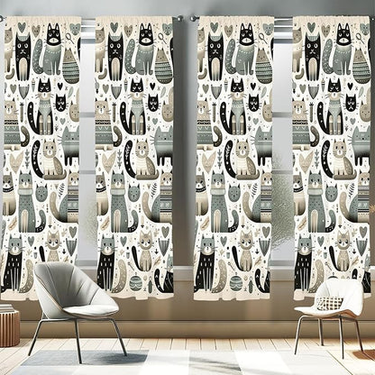 Ambesonne Cats Window Curtains Pack of 2, Modern Scandinavian Inspired Innocent Kitten Pattern with Leafy Details, Lightweight Set with Rod Pocket, 4 Panels of - 28" x 63", Pale Teal Pale Khaki Grey