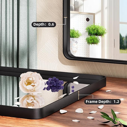 Hasipu Black Bathroom Over Sink Mirror 41x21 Inch Rounded Rectangle Vanity Mirror Metal Framed Wall Mirrors Anti-Rust Surface Mount (Hangs Horizontal or Vertical)