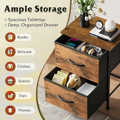 WLIVE Night Stand, Small 2 Drawer Dresser, Nightstand with Fabric Bins for Bedroom, Closet, Dorm, Rustic Brown Wood Grain Print, 11.8" D x 15.7" W x 20.9" H