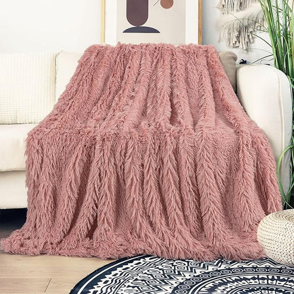 Tuddrom Decorative Extra Soft Faux Fur Blanket Twin Size 70" x 78",Solid Reversible Fuzzy Long Hair,Fluffy Cozy Plush Fleece Comfy Microfiber Blanket for Couch Sofa Bed,Peach Whip