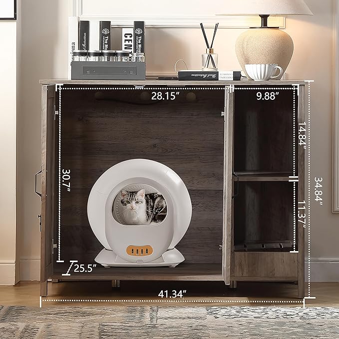 Cat Litter Robot Enclosure,Large Space for Placing Litter Robot 3/4,Power Outlet and Dog-Proof Shelf for Litter Robot Cabinet,Litter Collector for Automatic Litter Box Enclosure,Grey-Mewly Pet