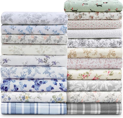 Laura Ashley - Flannel Sheets Queen Size, Anti-Pilling & Wrinkle Resistant Cotton, Touchably Soft for All-Season Comfort - Bed Sheets with Matching Pillowcases & Fitted Sheet (Holiday Pups Green)