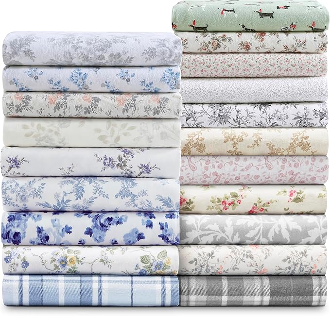 Laura Ashley - Flannel Sheets Queen Size, Anti-Pilling & Wrinkle Resistant Cotton, Touchably Soft for All-Season Comfort - Bed Sheets with Matching Pillowcases & Fitted Sheet (Le Fleur Orange)