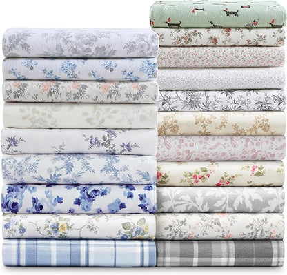 Laura Ashley - Flannel Sheets King Size, Anti-Pilling & Wrinkle Resistant Cotton, Touchably Soft for All-Season Comfort - Bed Sheets with Matching Pillowcases & Fitted Sheet (Vanessa Grey)