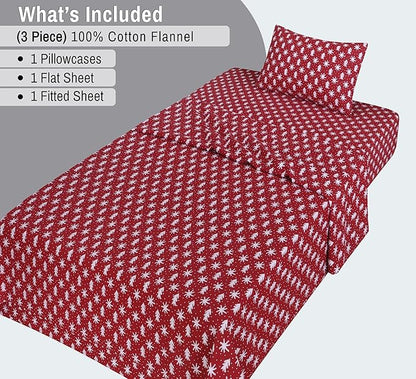 RUVANTI Flannel Sheets Twin Size - 100% Cotton Double Brushed Twin Sheets Set, Deep Pockets 16 Inches, All Seasons Breathable & Extra Soft Bed Sheets, Warm & Cozy, 3 Piece, Red Christmas
