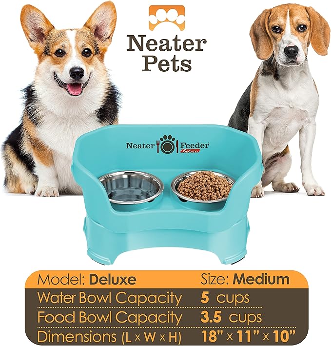 Neater Pet Brands Neater Feeder Deluxe Mess Proof Dog Bowls Elevated for Medium Dogs 19-40 lbs, Made in USA, No Spill Raised Dog Food Bowl Stand Feeding Station, Food and Water Bowl Set, Aquamarine-Mewly Pet