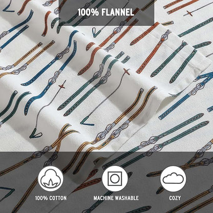 Eddie Bauer - Queen Sheets, Cotton Flannel Bedding Set, Brushed For Extra Softness, Cozy Home Decor (Ski Line White, Queen)