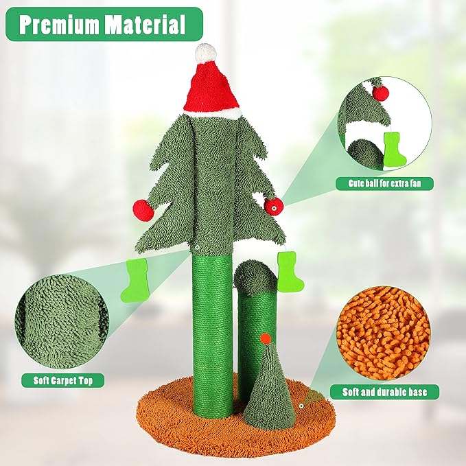 32” Cat Scratching Post, Tall Christmas Tree Cat Scratcher with 3 Posts and Cute Dangling Teaser Balls, Natural Sisal Rope Cat Toys for Kitty and Adult Cats-Mewly Pet