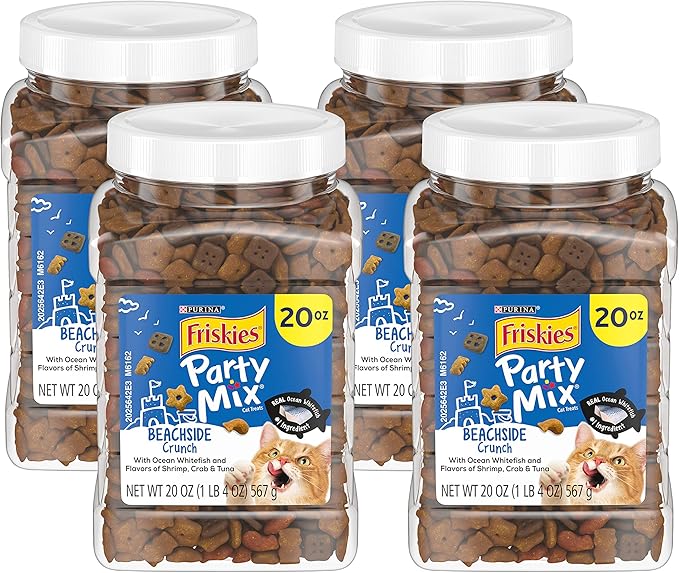 Purina Friskies Party Mix Cat Treats, Beachside Crunch, Made with Ocean Whitefish, Crunchy Cat Treats for Adult Cats, 20-Ounce Resealable Canister (Pack of 4)-Mewly Pet