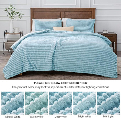 BEDELITE Fleece Queen Comforter Set -Super Soft & Warm Fluffy Light Blue Bedding, Luxury Fuzzy Heavy Bed Set for Winter with 2 Pillow Cases