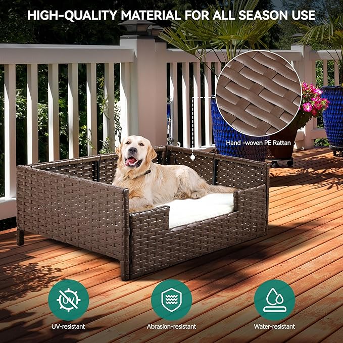YITAHOME Rattan Dog Sofa Bed with Cushion, Wicker Pet Bed Sofa Couch Indoor Outdoor Waterproof for Large Medium Small Dogs Cats (34.6''L*23.6''W*11.8''H,Beige)-Mewly Pet