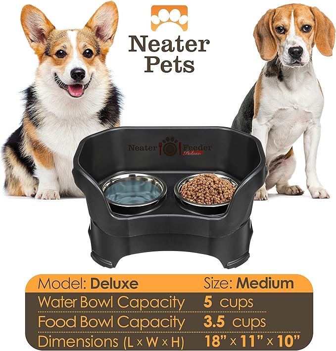 Neater Pet Brands Neater Feeder Deluxe Mess Proof Dog Bowls Elevated for Medium Dogs 19-40 lbs, Made in USA, No Spill Raised Dog Food Bowl Stand Feeding Station, Food and Water Bowl Set, Black-Mewly Pet