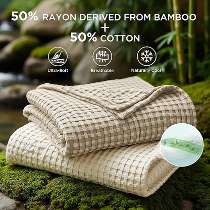 Bedsure Cooling Cotton Waffle Full Size Blanket - Lightweight Breathable Blanket of Rayon Derived from Bamboo for Hot Sleepers, Luxury Throws for Bed, Couch and Sofa, Taupe, 80x90 Inches