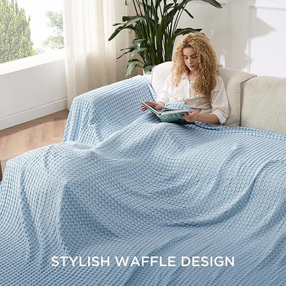 Bedsure Cooling Cotton Waffle Oversized King Blanket - Lightweight Breathable Rayon Derived from Bamboo for Hot Sleepers, Luxury Throws for Bed and Sofa, Blue, 120x96 Inches