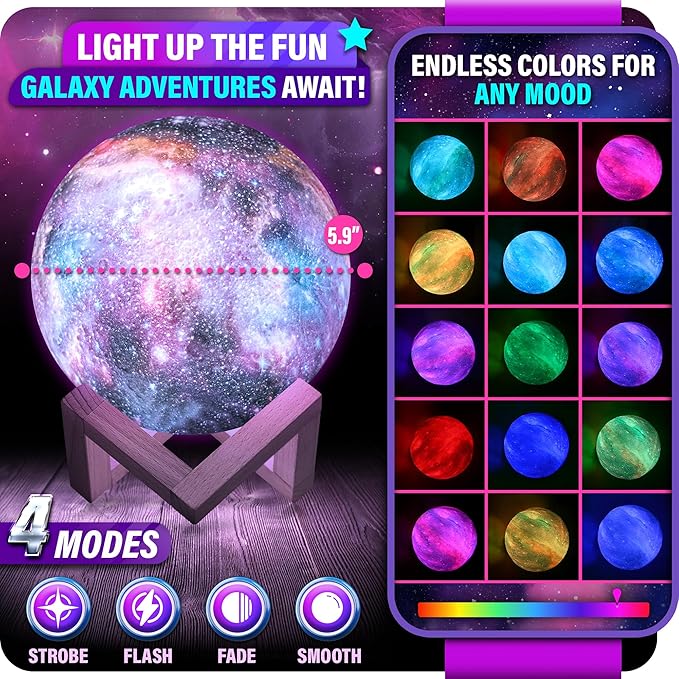 Mind-Glowing Galaxy Moon Lamp with Multi Colors, Touch/Remote, Wood Stand - Teen Girl Room Decor, Trendy Stuff - Christmas Gift for Any Year Old Teenage Girl - Cool Night Light for Kids (5.9 inch)