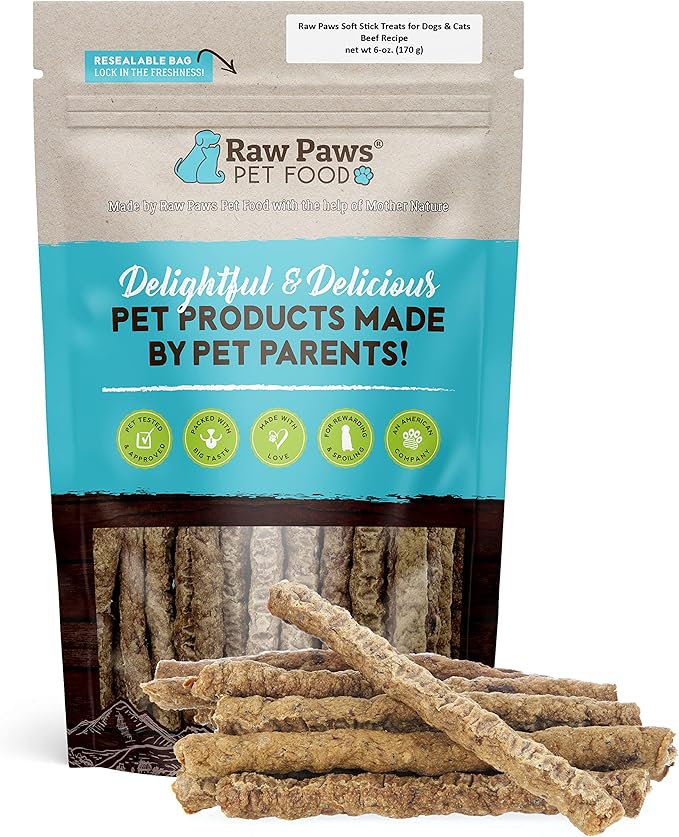 Raw Paws Grain-Free Soft Stick Treats for Dogs & Cats - Beef Recipe, 6-oz - Made in USA Beef Jerky Treats - Cat Sticks - Chewy Dog Jerky Treats - Dog Sausage - Soy, Grain Free-Mewly Pet