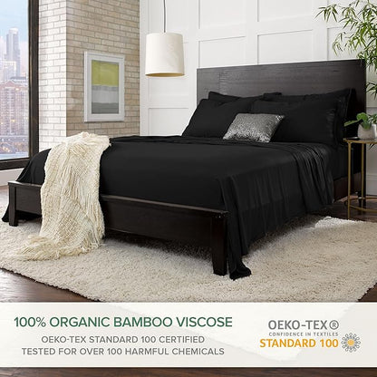 Full Sheets by Pure Bamboo, Genuine 100% Organic Viscose Derived from Bamboo Bed Sheet Set, Luxuriously Soft & Cooling, Double Stitching, Lifetime Quality Promise (Full, Black)