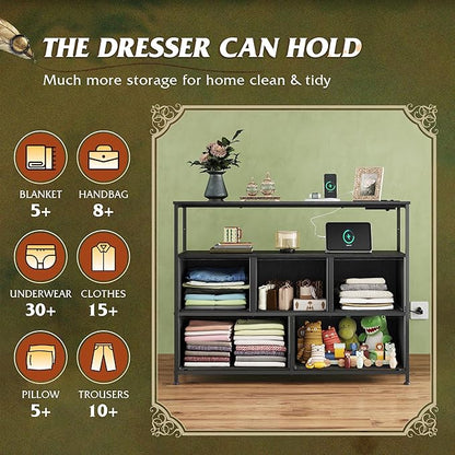WLIVE Dresser for Bedroom, 5 Drawer Dressers with Charging Station, Fabric Chest of Drawers with Open Shelves, Storage Dresser for Living Room, Closet, Entryway, Charcoal Black Wood Grain Printt