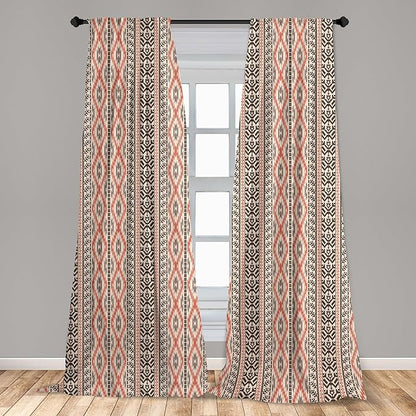 Ambesonne Southwestern Window Curtains, Traditional Vertical Borders Inspired by Prehistoric Art Ikat Style, Lightweight Decorative Panels Set of 2 with Rod Pocket, Pair of - 28" x 63", Brown Coral