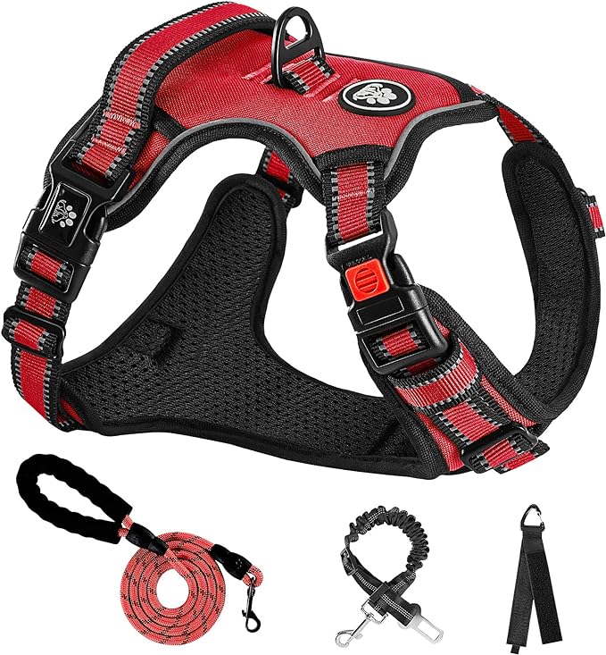 NESTROAD No Pull Dog Harness,Adjustable Oxford Dog Vest Harness with Leash,Reflective No-Choke Pet Harness with Easy Control Soft Handle for Small Medium Dogs(Medium,Red)-Mewly Pet