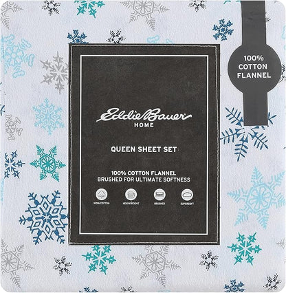 Eddie Bauer - Full Sheets, Cotton Flannel Bedding Set, Brushed For Extra Softness, Cozy Home Decor (Tossed Snowflake, Full)