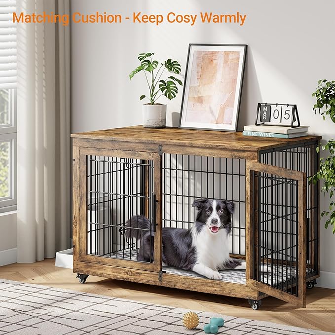 Lulive Dog Crate Furniture, XL Wooden Dog Kennel Indoor Double Doors Dog Cage, 44'' Heavy Duty Dog Crate with Cushion & Wheels, Decorative End Table Pet House Chew-Resistant for Large Dogs, Brown-Mewly Pet