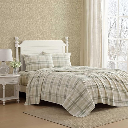 Laura Ashley - Flannel Sheets Full Size, Anti-Pilling & Wrinkle Resistant Cotton, Touchably Soft for All-Season Comfort - Bed Sheets with Matching Pillowcases & Fitted Sheet (Mulholland Plaid Green)