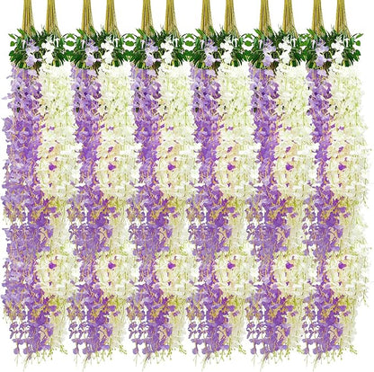 Giegxin 36 Pcs Artificial Wisteria Hanging Flowers 3.6 ft Artificial Fake Wisteria Vine Rattan Hanging Garland Silk Flowers String for Wall Home Wedding Party Greenery Decorations (Purple,White)