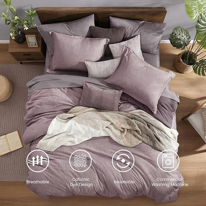 Monbix King Size Comforter Set, Lilac King Size Bedding Set Reversible, King Comforter Set 7 Pieces, Cationic Dyeing Bed in a Bag with Comforter, Sheets, Pillowcases & Shams