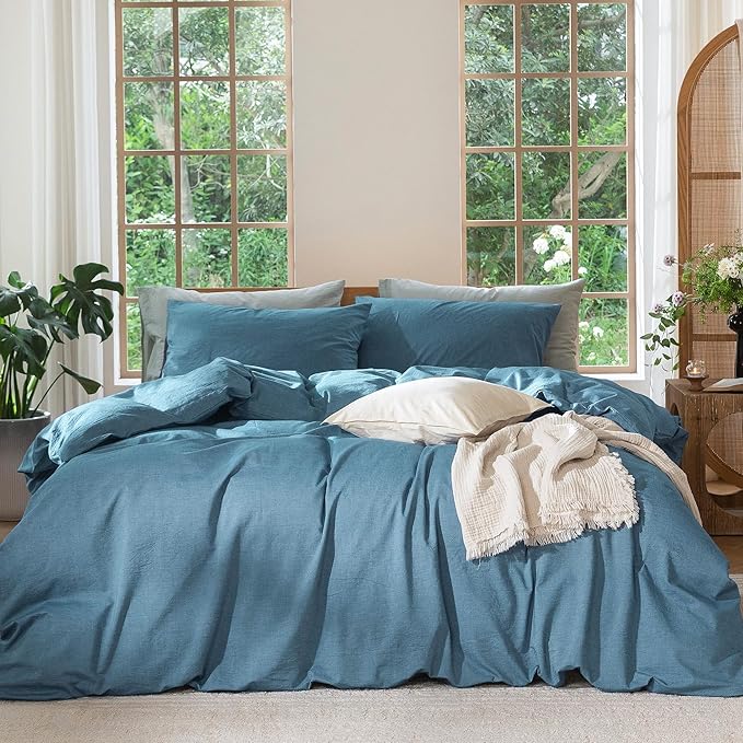 MooMee Bedding Duvet Cover Set 100% Washed Cotton Linen Like Textured Breathable Durable Soft Comfy (Heathered Peacock Blue, Queen 90"x90")