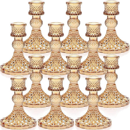 DARJEN Candlestick Holders Set, 12Pcs 4" H Taper Candle Holders Bulk, Glass Candle Holders for Wedding, Festival, Party & Windowsill Decor, Gold