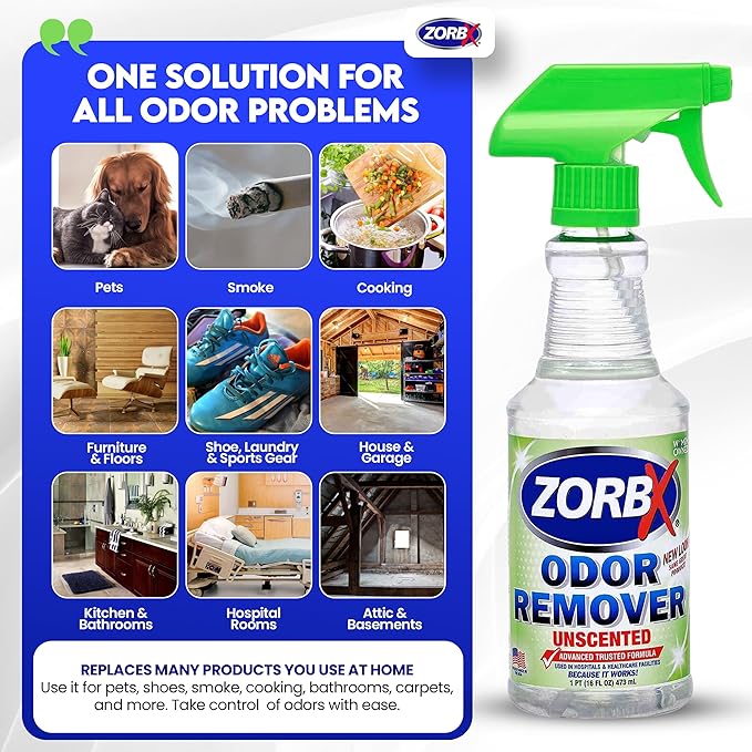 ZORBX Unscented Odor Eliminator for Strong Odor 16 oz - Pack of 2 - Used in Hospitals & Healthcare Facilities - Advanced Trusted Formula, Fast-Acting Odor Remover Spray for Dog, Cat, House & Carpet-Mewly Pet