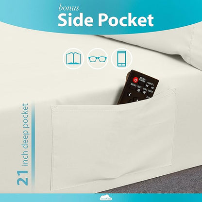 DREAMCARE Twin XL Sheet Sets – 3pcs Cooling Sheets – up to 21” Extra Deep Pocket Twin XL Sheets Set – Hotel Luxury Sheets & Pillowcases – Superior Softness 100% Fine Microfiber with Side Pocket –Ivory