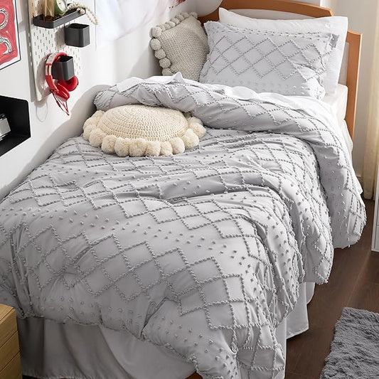 Bedsure Twin Comforter Set - Light Grey Comforter, Boho Tufted Shabby Chic Bedding for Kids, 2 Pieces Vintage Farmhouse Bed Set for All Seasons, Fluffy Soft Bedding with 1 Pillow Sham