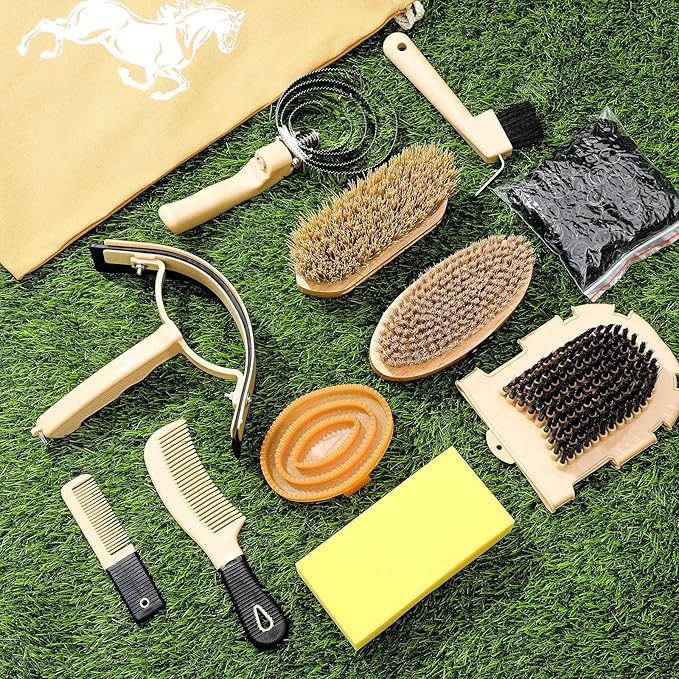 Abbylike 12 Pieces Horse Grooming Kit Racing Festival Tack Room Supplies Horse Brush Sets Equine Care Cleaning Kit Shedding Grooming Massaging Tools(Khaki)-Mewly Pet